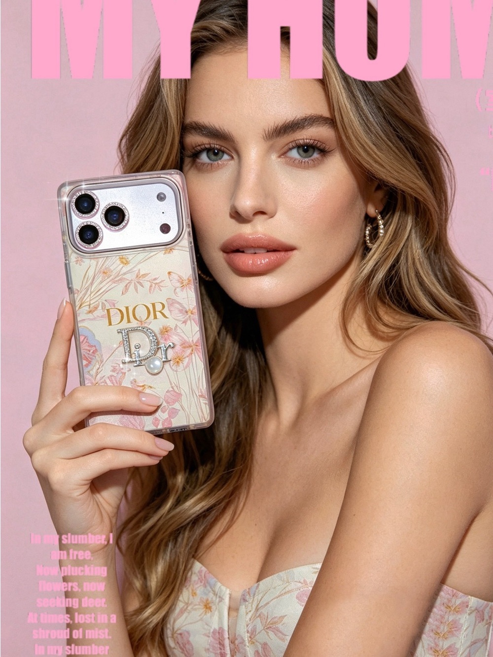 Dior Floral Clear Phone Case with Gold 'D' Charm and Pink Accents